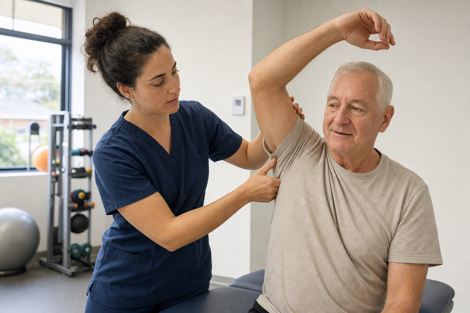 Physiotherapist guiding a shoulder assessment